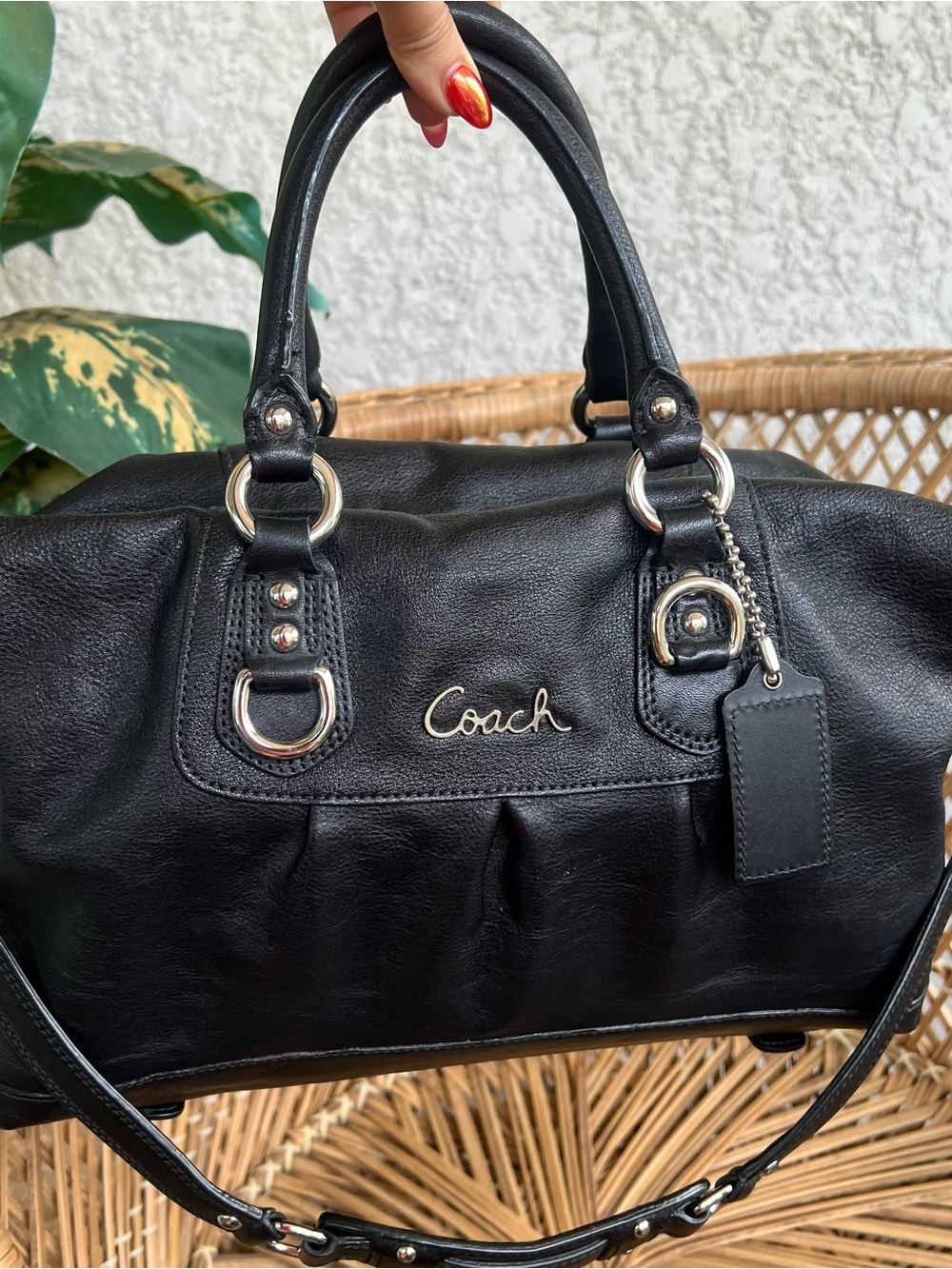 Coach Black Leather Dome Satchel with Silver Hardware